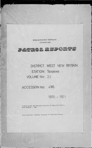 Patrol Reports. West New Britain District, Talasea, 1970 - 1971