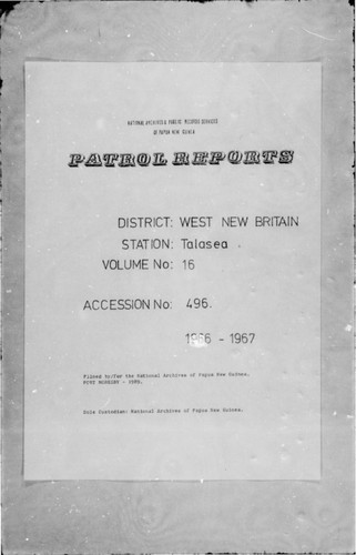 Patrol Reports. West New Britain District, Talasea, 1966 - 1967