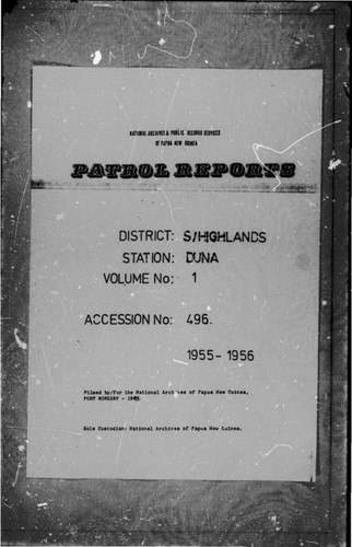 Patrol Reports. Southern Highlands District, Duna, 1954 - 1956