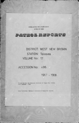 Patrol Reports. West New Britain District, Talasea, 1967 - 1968