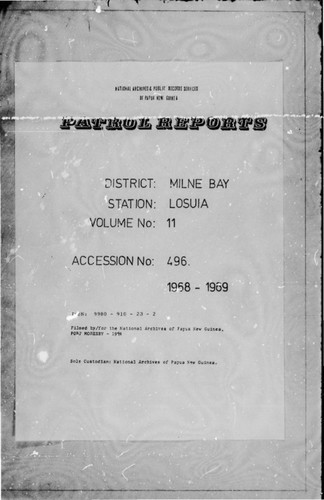 Patrol Reports. Milne Bay District, Losuia, 1968 - 1969