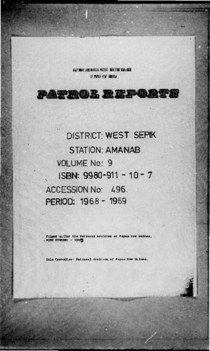 Patrol Reports. West Sepik District, Amanab, 1968 - 1969