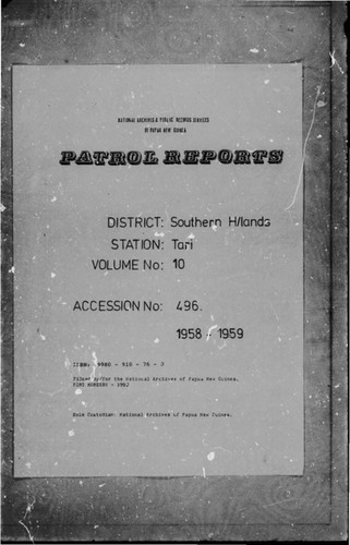 Patrol Reports. Southern Highlands District, Tari, 1958 - 1959