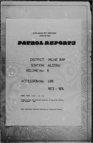 Patrol Reports. Milne Bay District, Alotau, 1973 - 1974