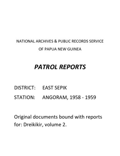 Patrol Reports. East Sepik District, Angoram, 1958 - 1959