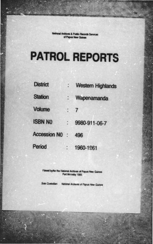 Patrol Reports. Western Highlands District, Wapenamanda, 1960 - 1961