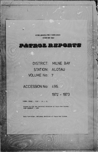 Patrol Reports. Milne Bay District, Alotau, 1972 - 1973