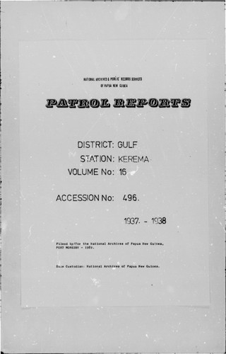 Patrol Reports. Gulf District, Kerema, 1937-1938