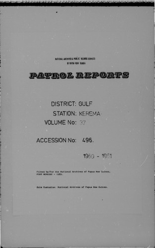 Patrol Reports. Gulf District, Kerema, 1960-1961