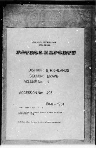 Patrol Reports. Southern Highlands District, Erave, 1960 - 1961