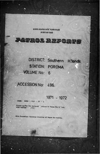 Patrol Reports. Southern Highlands District, Poroma, 1971 - 1972