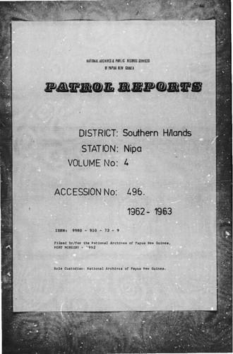 Patrol Reports. Southern Highlands District, Nipa, 1962 - 1963