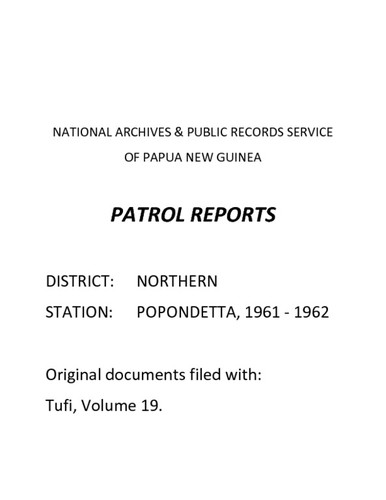 Patrol Reports. Northern District, Popondetta, 1961 - 1962
