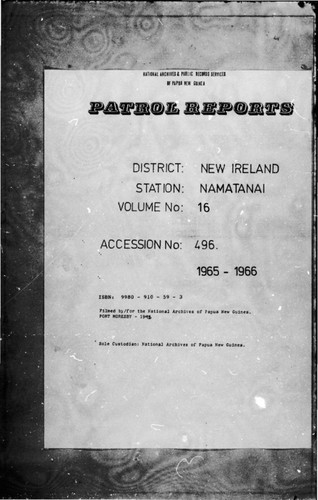Patrol Reports. New Ireland District, Namatanai, 1965 - 1966