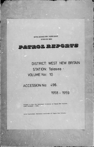 Patrol Reports. West New Britain District, Talasea, 1958 - 1959