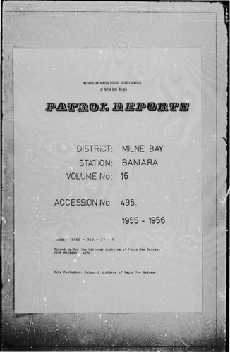 Patrol Reports. Milne Bay District, Baniara, 1955 - 1956