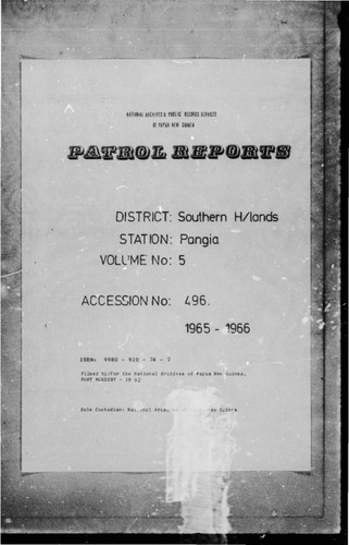 Patrol Reports. Southern Highlands District, Pangia, 1965 - 1966