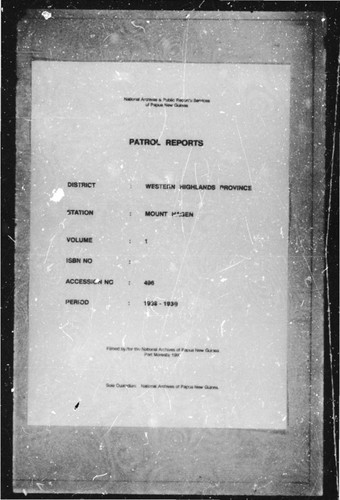 Patrol Reports. Western Highlands District, Mount Hagen, 1938 - 1939