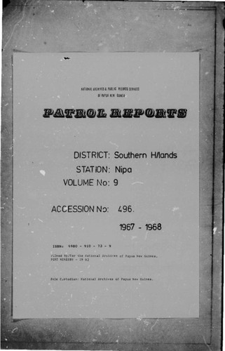 Patrol Reports. Southern Highlands District, Nipa, 1967 - 1968