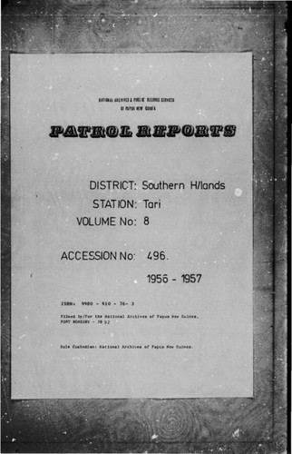 Patrol Reports. Southern Highlands District, Tari, 1956 - 1957