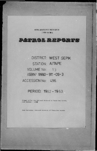 Patrol Reports. West Sepik District, Aitape, 1962 - 1963