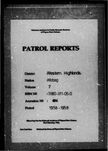 Patrol Reports. Western Highlands District, Wabag, 1958 - 1959