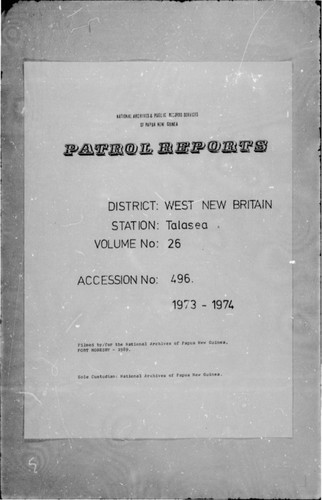 Patrol Reports. West New Britain District, Talasea, 1973 - 1974