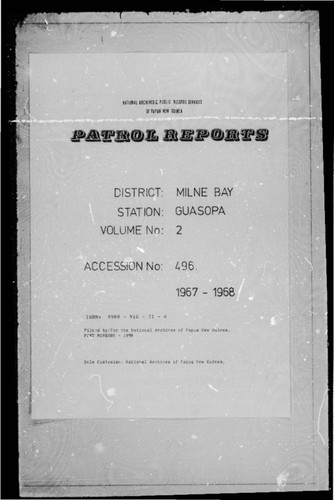 Patrol Reports. Milne Bay District, Guasopa, 1967 - 1968