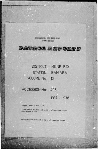 Patrol Reports. Milne Bay District, Baniara, 1937 - 1938