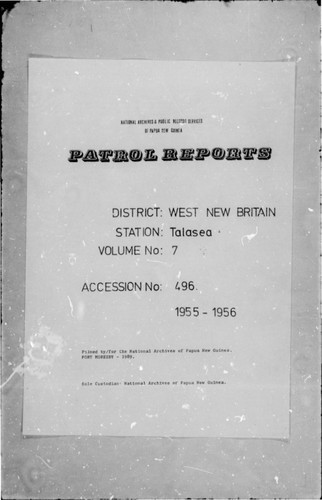 Patrol Reports. West New Britain District, Talasea, 1955 - 1956