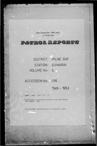 Patrol Reports. Milne Bay District, Samarai, 1949 - 1953