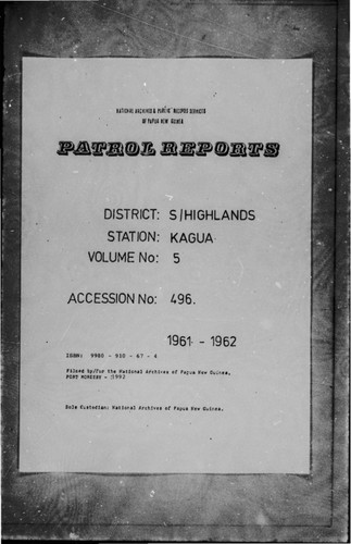 Patrol Reports. Southern Highlands District, Kagua, 1961 - 1962