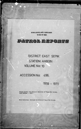 Patrol Reports. East Sepik District, Amboin, 1969 - 1970