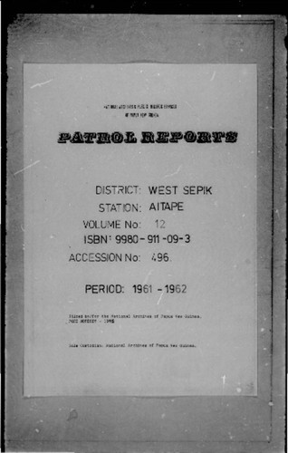 Patrol Reports. West Sepik District, Aitape, 1961 - 1962