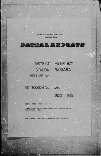 Patrol Reports. Milne Bay District, Baniara, 1923 - 1925