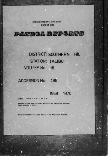 Patrol Reports. Southern Highlands District, Ialibu, 1969 - 1970