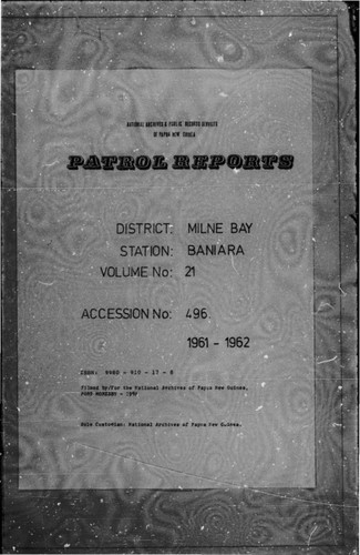 Patrol Reports. Milne Bay District, Baniara, 1961 - 1962