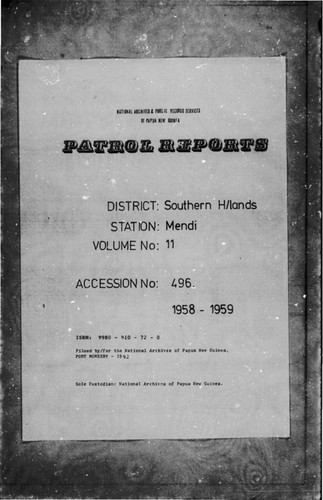 Patrol Reports. Southern Highlands District, Mendi, 1958 - 1959
