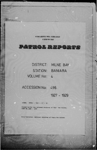 Patrol Reports. Milne Bay District, Baniara, 1927 - 1929