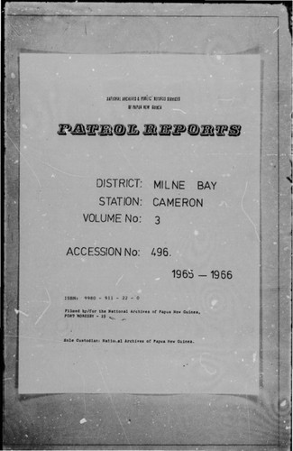 Patrol Reports. Milne Bay District, Cameron, 1965 - 1966