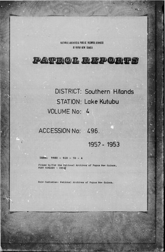 Patrol Reports. Southern Highlands District, Lake Kutubu, 1952 - 1953