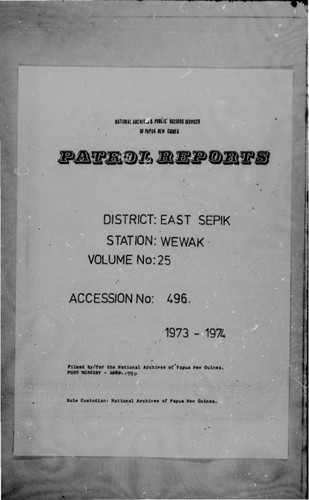 Patrol Reports. East Sepik District, Wewak, 1973 - 1974