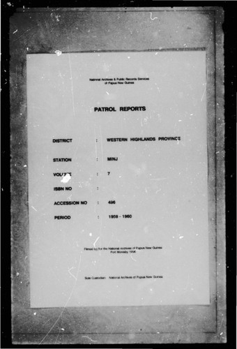 Patrol Reports. Western Highlands District, Minj, 1959 - 1960