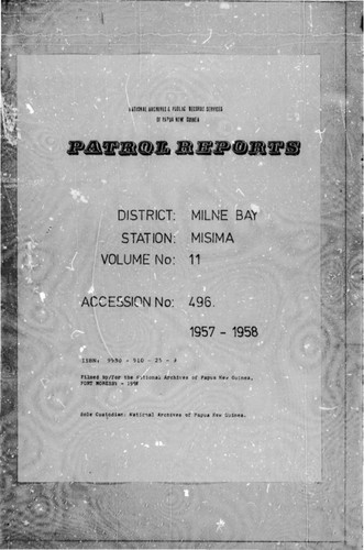 Patrol Reports. Milne Bay District, Misima, 1957 - 1958