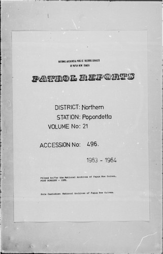 Patrol Reports. Northern District, Popondetta, 1963 - 1964