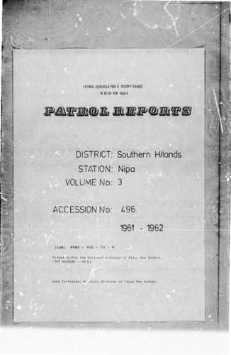 Patrol Reports. Southern Highlands District, Nipa, 1961 - 1962