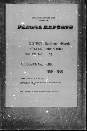 Patrol Reports. Southern Highlands District, Lake Kutubu, 1959 - 1960