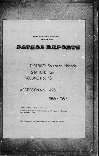 Patrol Reports. Southern Highlands District, Tari, 1966 - 1967