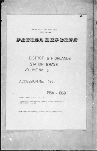 Patrol Reports. Southern Highlands District, Erave, 1958 - 1959