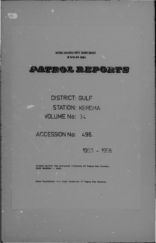 Patrol Reports. Gulf District, Kerema, 1957-1958